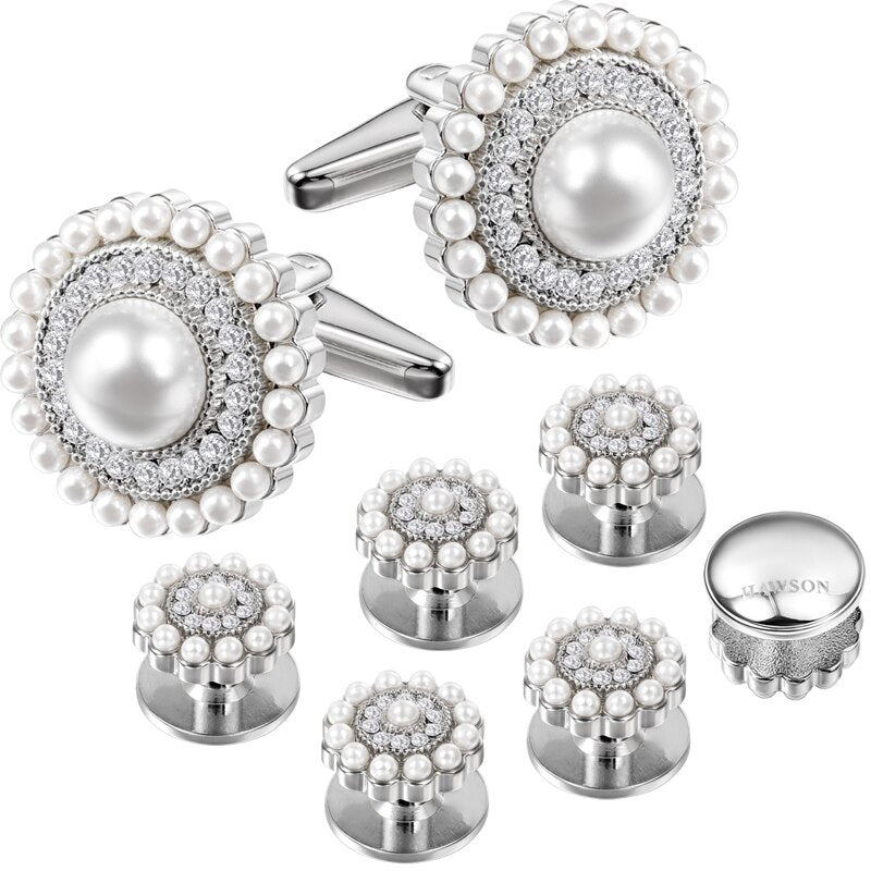 Elegant Cufflinks Studs Set, classic pearl