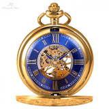 Gold Steampunk Roman Mechanical Blue Pocket Watch