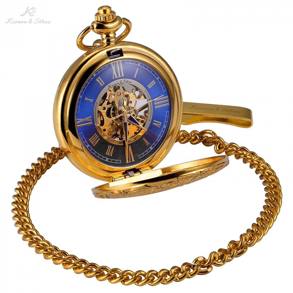 Gold Steampunk Roman Mechanical Blue Pocket Watch