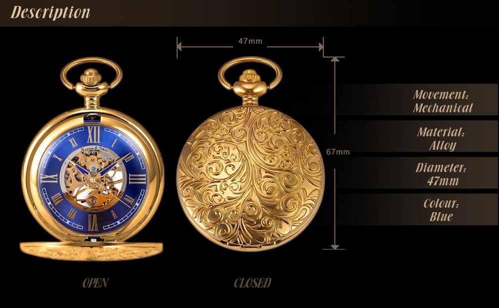 Gold Steampunk Roman Mechanical Blue Pocket Watch