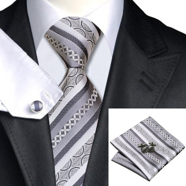 Grey and Silver Stripe Silk Tie Hanky Cufflinks Set