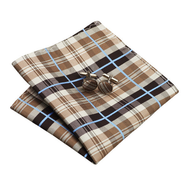 Brown Blue Tie Hanky Cufflinks Set