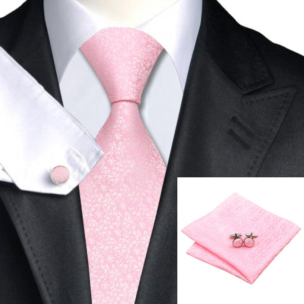 Pink White Silk Tie Hanky Cufflinks Set