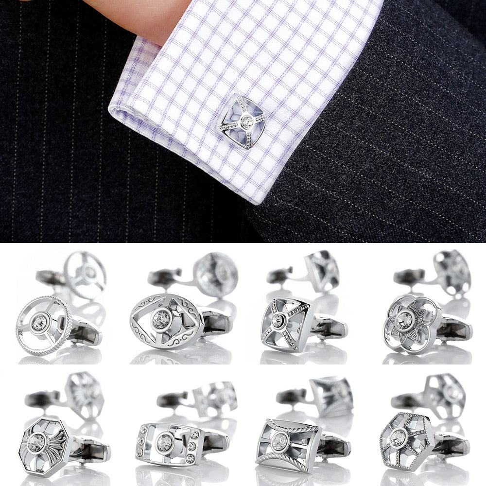 Silver Crystal Round Cufflinks