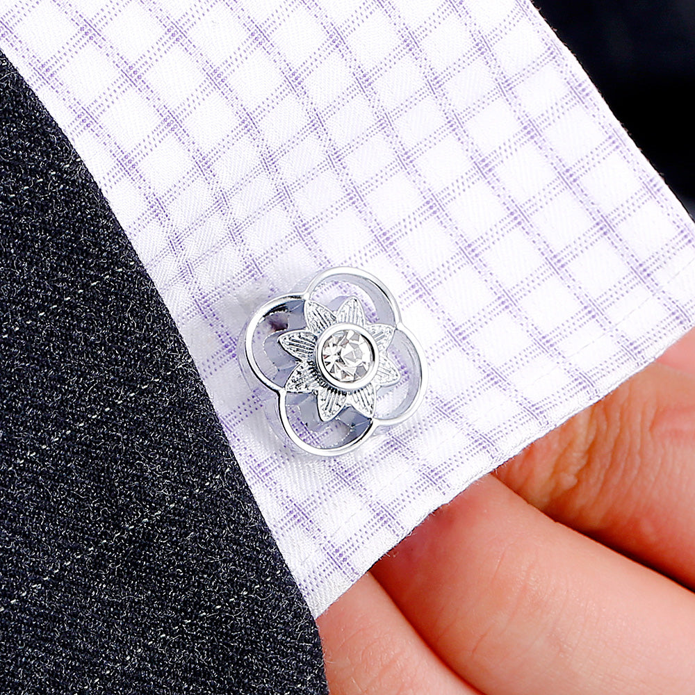 Silver Crystal Round Cufflinks