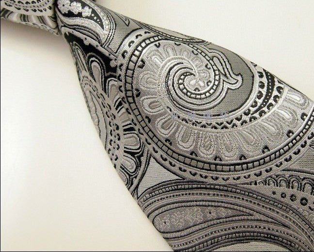 Paisley Floral White Light Grey Tie, 100% Silk